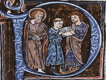 Decorated initial&nbsp;with Paul, Onesimus (delivering letter), and Philemon.